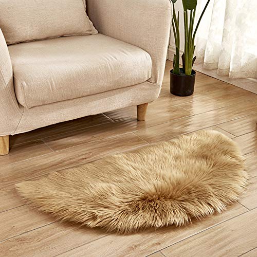 YAOTT Half Moon Semicircle Wool Imitation Sheepskin Rugs Non Slip Faux Lambskin Area Rugs for Bedroom Living Room Shaggy Fluffy Carpet Mats Khaki 45X90CM