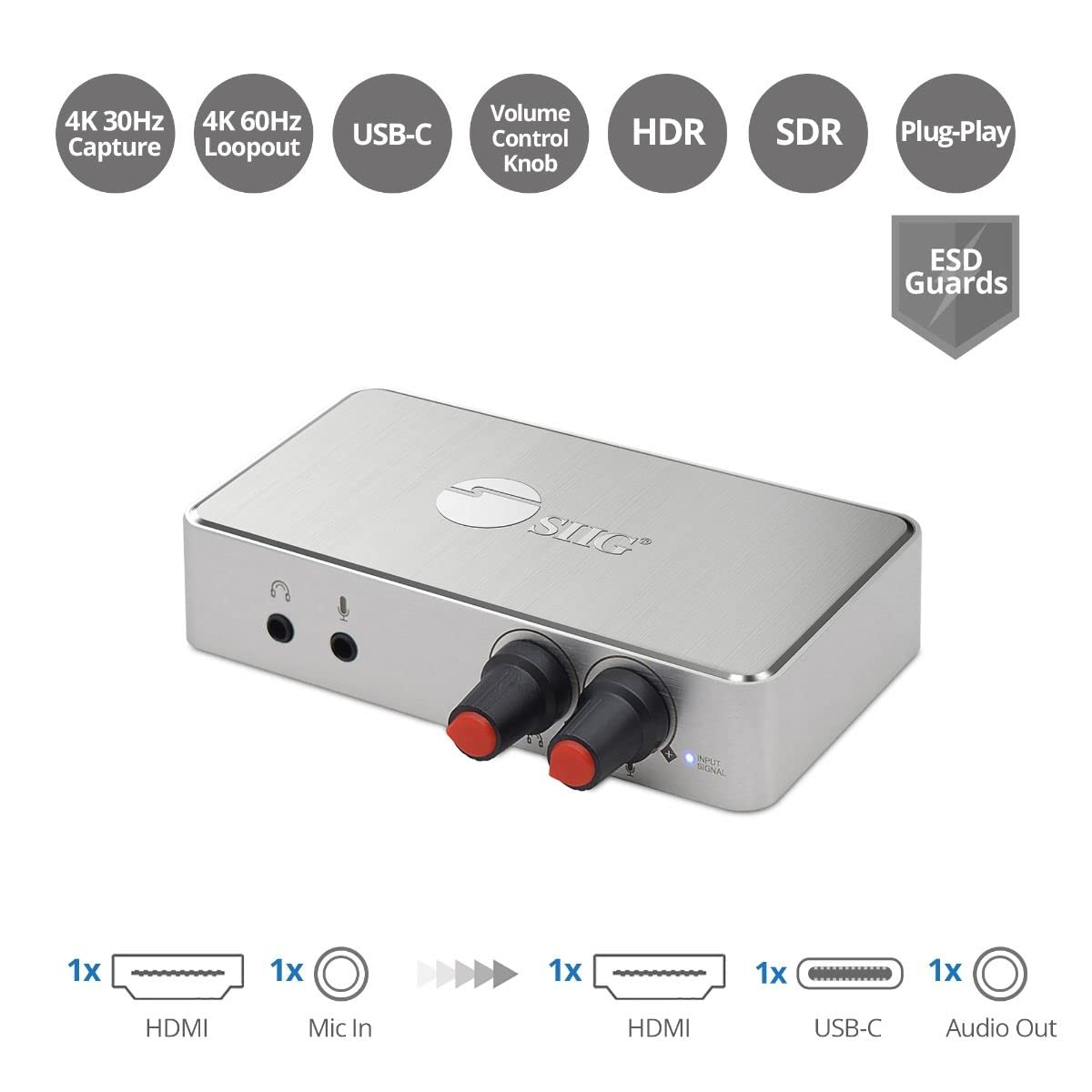 SIIG Tarjeta de captura de audio y video 4K, dispositivo de captura de video USB-C HDMI con control de volumen, grabación de juegos 4K 30Hz, transmisión en vivo (CE-H27311-S1)