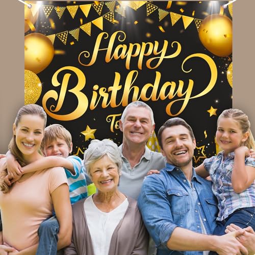 Image of Party Propz Birthday Backdrop for Decoration - Pack of 1, Size 5x4 Ft Happy Birthday Backdrop for Decoration, Black and Golden Bray Decorations Kit