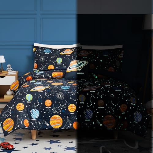 Glow in The Dark Kids Comforter Set Full Size for Boys Girls Teen, Space Bedding Set 1 Comforter, 1 Decor Pillow, 2 Pillow Shams