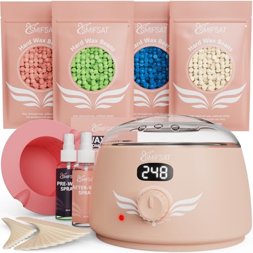 waxing kit for women, Digital Hard Wax Warmer with 4 Packs of Natural Wax Beans (14.1oz), Silicone Bowl and Waxing Accessories, Professional for Bikini, Face, Brazilian, Body and Home Salon - Pink