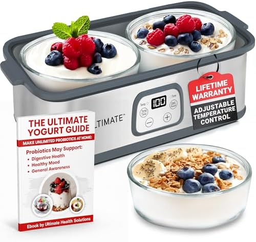 Ultimate Probiotic Yogurt Maker - Easy-to-Make Greek Yogurt with Trillions of Live Probiotics - Adjustable & Accurate Temperature & Time Control - UNLIMITED LIFETIME WARRANTY (with 2 Large Container...