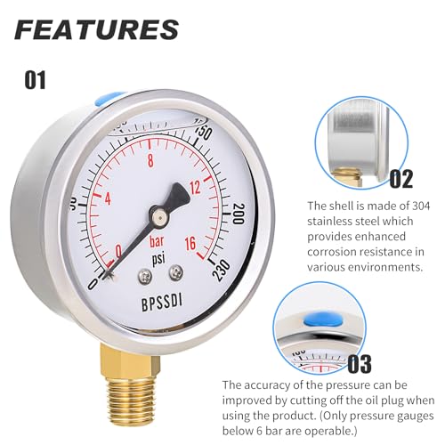 Image of 0-230 Psi Pressure Gauge, Glycerin Filled, Water Pressure Gauge, 2-1 /2 inch Dial, 1 /4 inchNPT Lower Mount, Stainless Steel Case, for Pneumatic Regulator Air Compressor RV Regulator Water Pressure Test