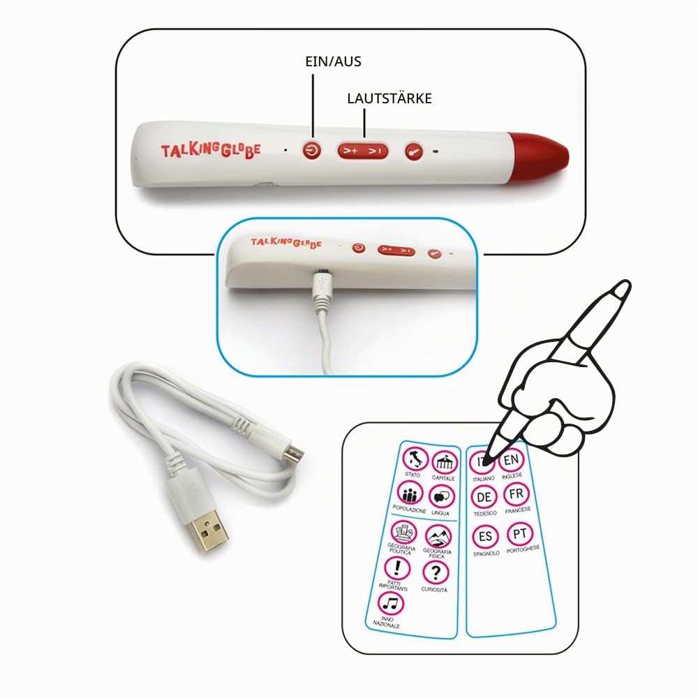 Tecnodidattica Parlamondo Lernglobus für Kinder, interaktiver Globus mit sprechendem Stift in 6 Sprachen, Durchmesser 30 cm, italian version