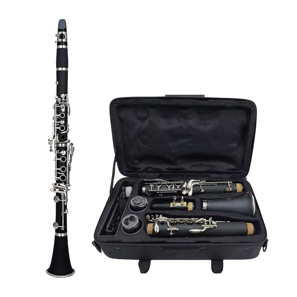 Fortschrittliche professionelle Bassklarinetten B Flachklarinette 17 Tasten Ebonit Klarinette vernickelt Kit inklusive leichtem und langlebigem Nylon überzogenem Hartschalenkoffer