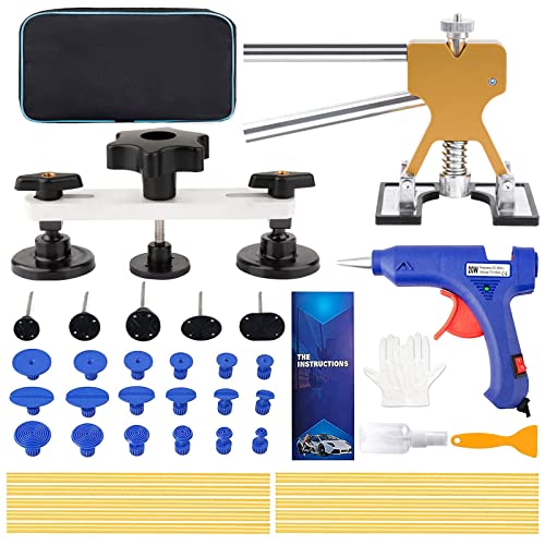 Car Dent Puller Kit, 41 PCS Paintless Dent Repair Kits with Adjustable Golden Lifter, Bridge Puller&Glue Gun, Dent Removal Kit for Car Refrigerator Motorcycle Minor Dent and Deep Dent Remove