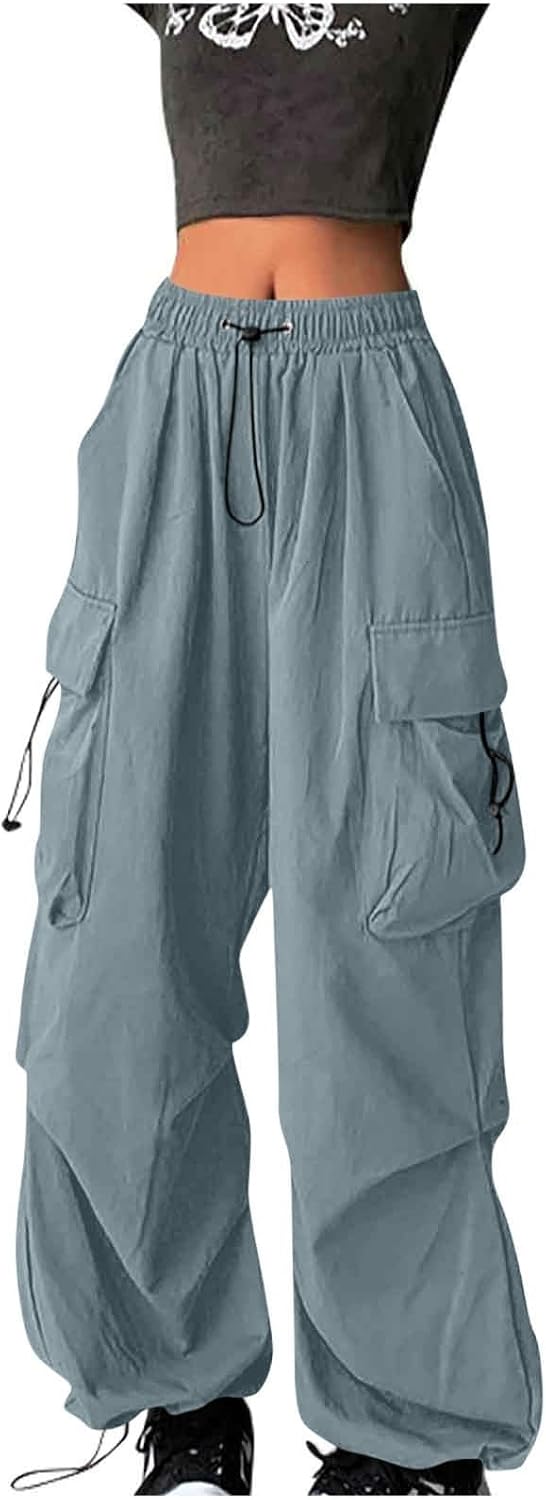 Girls Parachute Cargo Pants Baggy Casual Elastic Waisted Trouser Wide Leg Hip Hop Pants Drawstring with Pockets 4-15Y