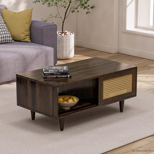 Image of Bhawo Solid Sheesham Wood Coffee Table & Center Table for Living Room with Rattan Cane Lift-Down Shutter & Open Shelf, Solid Wooden Teapoy for Sofa with Storage (Walnut Finish)