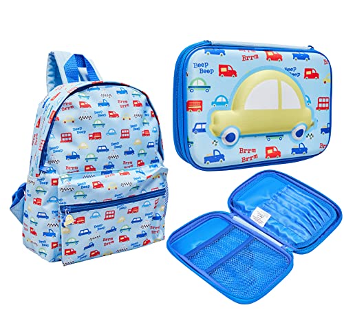 Mochila escolar y estuche para lápices, mochila para niños, mochila para el regreso a la escuela, mochila de moda para la escuela, estuche para coches, estuche HTUK®, Green, Juego de mochila y estuche Cover