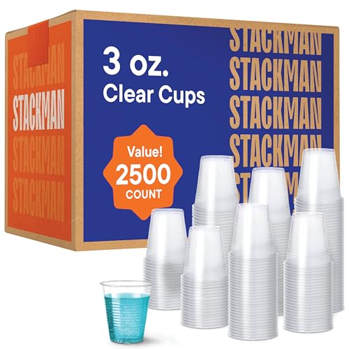 Stack Man Case of 2,500 – 3 oz. Disposable Clear Plastic Cups, 100 Count Packages (25/100)