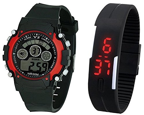 Lemonade Pack of 2 Sports Black - Red Multifunction Fashion 7 lights Unisex Digital Sports Watch & Unisex Silicone Led Bracelet Band Watch for Kids