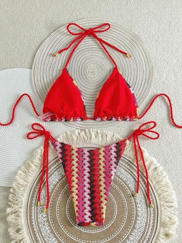 Image of ZAFUL 2 Piece Triangle Bikini for Women Knitted Rope Halter Bikini Sets Sexy Bathing Suit Side Tie Swimsuits Beachwear