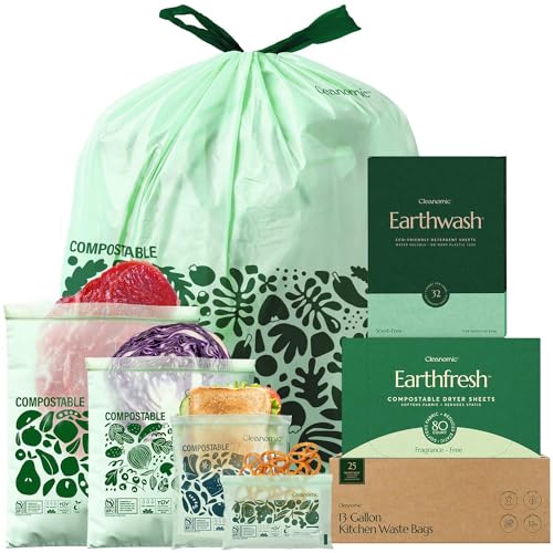 Cleanomic Food Storage Bags (4 Sizes), 13 Gallon Trash Bag, Earthwash Detergent Sheets, and Earthfresh Softener Sheets Bundle