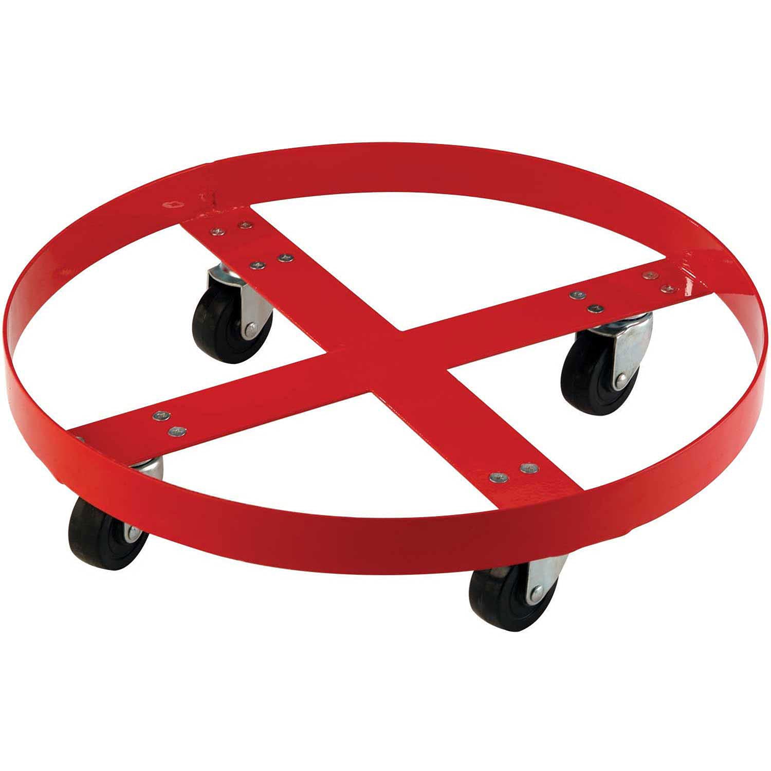 600 Lb. Capacity Drum Dolly for 55 Gallon Drum - Rubber Wheels by Global Industrial – 24"L x 24"W x 3"H, Alloy Steel, Orange, Model 100323