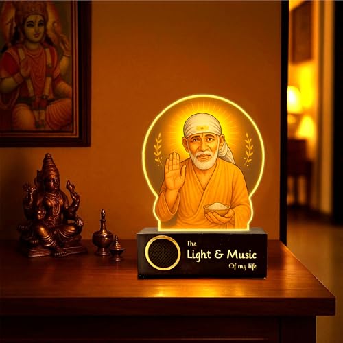Image of ZOCI VOCI Shirdi Sai Baba LED Lamp with Wooden Base - Spiritual Night Light for Pooja Room, Sai Baba Photo Frame Light for Home Temple Decor, Diwali Gift, Bedside Table Lamp (Warm Light + BT Speaker)