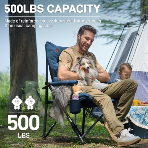 Image of EVER ADVANCED Padded Oversized Folding Camping Chair for Adults, Heavy Duty Lawn Chair with Side Pockets, Portable Collapsible Quad Chair for Outside, Support Up to 500lbs, Blue