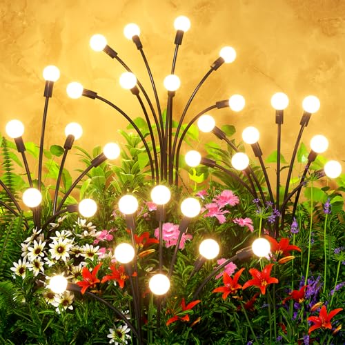 Solar Lights Outdoor(4 Pack 32 LEDs) Solar Lights Outdoor Waterproof for Garden Decor 4 Modes Firefly Light for Outdoor Decor Big Bulb High Lumens Patio Decor Sway by Wind Gardening Gifts for Women