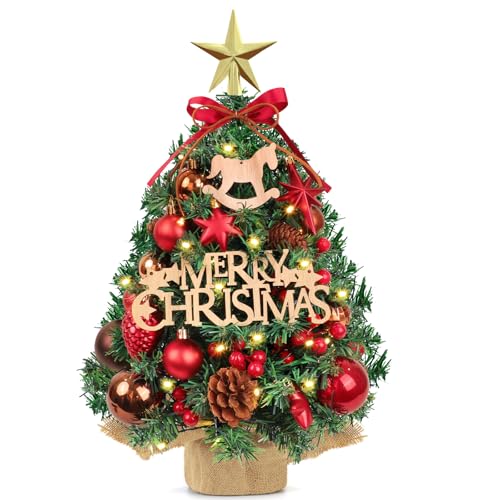 AFXXE Albero di Natale Piccolo, 45cm Mini Alberello Natale con Soprammobile E Luci LED Incorporate, Moderni Artificiali Christmas Tree Addobbato, Base Legno Alberi Natale usato per Tavolo Decorazione