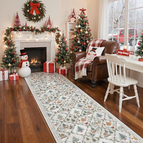 Madane Christmas Runner Rug 2x8, Washable Grey Hallway Runner Rugs, Non-Slip Low-Pile Soft Kitchen Rug, Vintage Xmas Holiday Decor Throw Entry Foyer Mat for Entrance Laundry Living Room