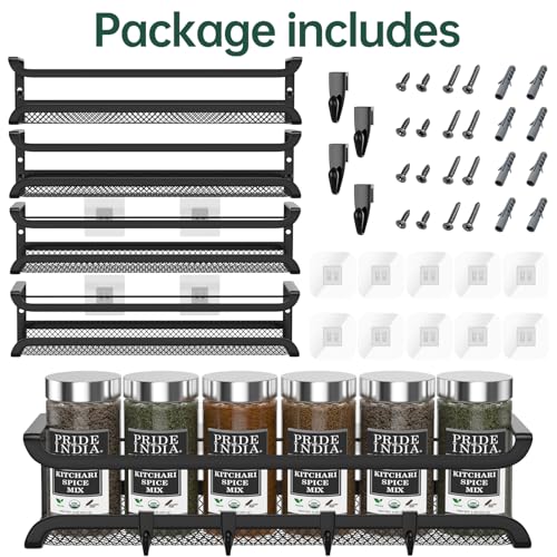 Portaspezie da parete, confezione da 4, organizer per spezie per armadio interno con 4 ganci mobili, adesivi adesivi e viti, organizer per condimenti per la porta della cucina - immagine 3