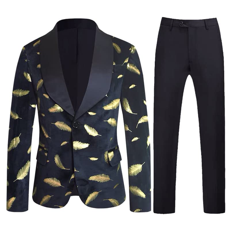 HBDesign 1 Button Men's Suit Feather Patterned Velvety Fabric with Black Satin Neckline(Jacket+Pants