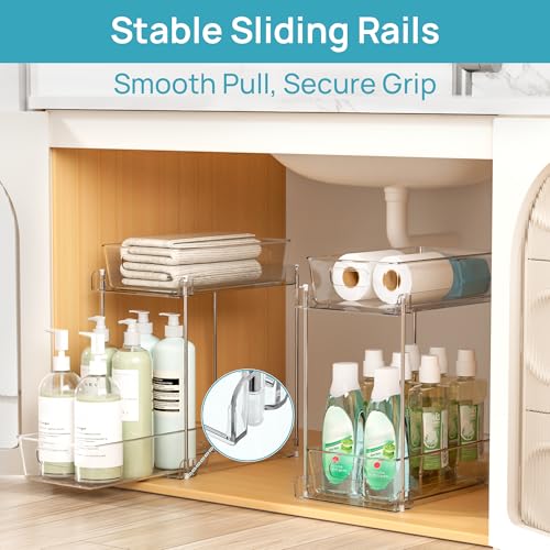 Image of Vtopmart 2 Pack Higher Bathroom Organizer, 2 Tier White Under Sink Organizers Vanity Countertop Storage Container,Cabinet Drawers Bins, Pull-Out Organization with Track for Pantry, Kitchen