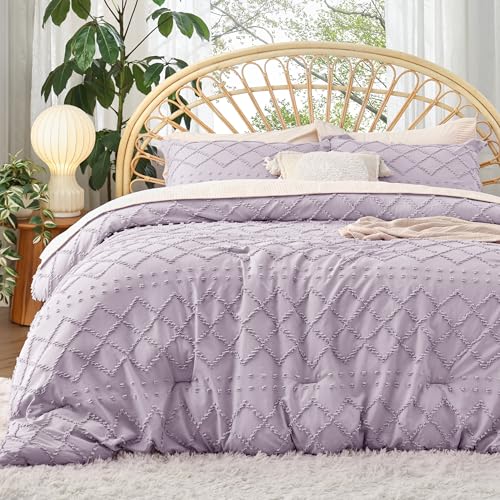 Image of Bedsure Queen Comforter Set - Lavender Comforter, Boho Tufted Distressed Vintage Bedding for Kids, 3 Pieces Farmhouse-Style Bed Set for All Seasons, Fluffy Soft Bedding with 2 Pillow Shams