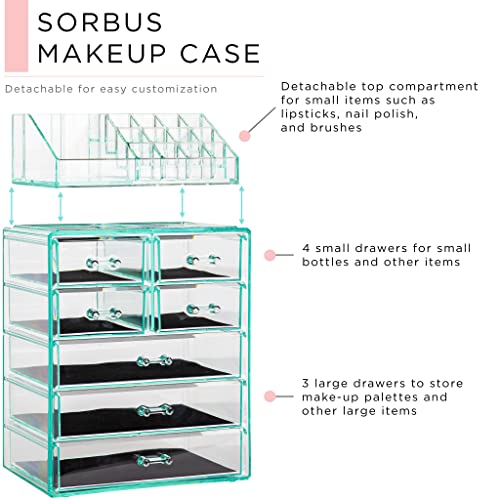 Image of Sorbus Acrylic Makeup Organizer Set, 7-Drawer Vanity & Countertop Cosmetic Storage with Small & Wide Compartments, Teal Thrill Makeup Storage for Brushes, Jewelry - Holiday Gift for Women & Teens