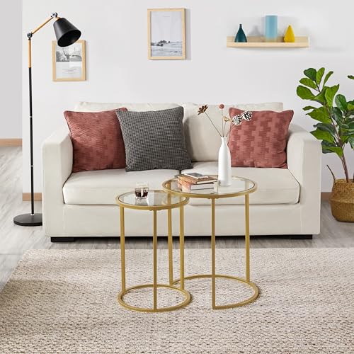 Yaheetech Round Nesting Coffee Tables Set of 2, Glass Top Side Table End Tables with Metal Frame for Living Room Bedroom Office, Gold 4 Yaheetech Round Nesting Coffee Tables Set of 2, Glass Top Side Table End Tables with Metal Frame for Living Room Bedroom Office, Gold - Image 4