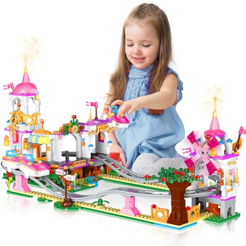 HOGOKIDS Friends Roller Coaster Building Set - 711 Pieces Amusement Park Building Block Kit STEM Princess Playground Park Pink Construction Educational Toys Gift for Kids Girls Boys Aged 6 7 8 9 10 11