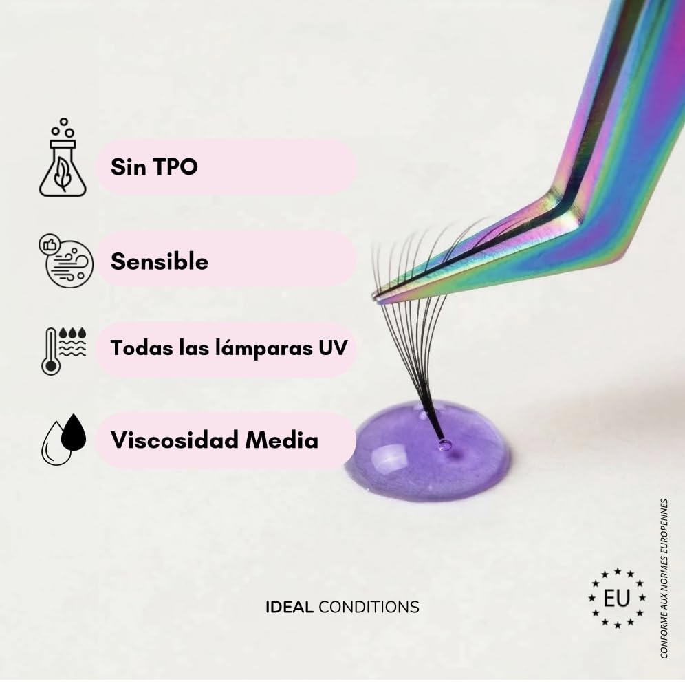Pegamento UV para extensiones de pestañas en 1 segundo, resistente al agua hasta que se caigan las pestañas, solo se debe utilizar con luz UV (5 ml transparente púrpura)