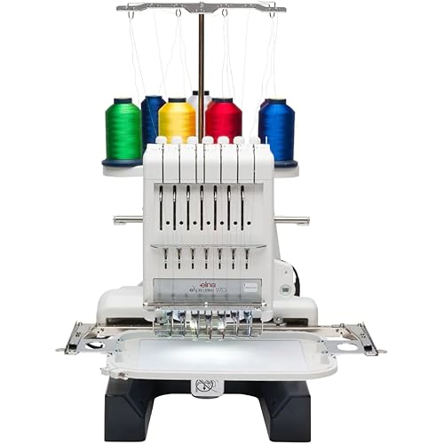 Elna eXpressive 970 Industrial-Inspired Multi-Needle Embroidery Machine with 7 Needles, Remote Computer Screen (4.6"x3.4"), Indepedent Bobbin Winder Motor, and 6 LED Lamps in 4 Locations