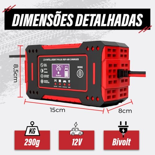 Carregador Bateria Automotivo 12v 6Amp Até 100 Amperes Para Carro, Moto, Caminhão, Caminhões, Motoci