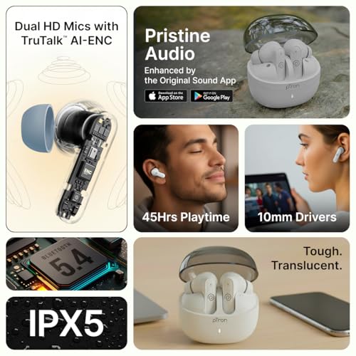 Image of pTron Bassbuds Indie in-Ear TWS Earbuds w / 10mm Drivers, 45Hrs Playtime, Dual HD Mic & AI-ENC Calls, Custom EQ, Mobile App, Bluetooth V5.4 Earphones, Voice Assistant, Type C Charging & IPX5 (White)