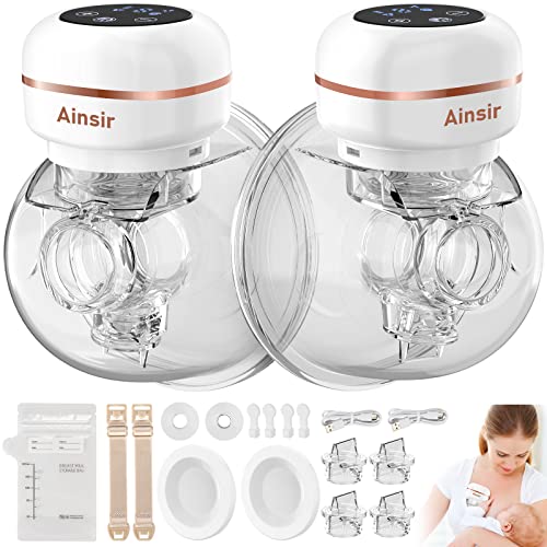 Image of Ainsir Wearable Breast Pump, Portable Hands Free LCD Display, Low Noise &Painless Breastfeeding, 2 Modes & 9 Levels, S12 Electric Pump , 24mm Flange, Pack White-2 Pack