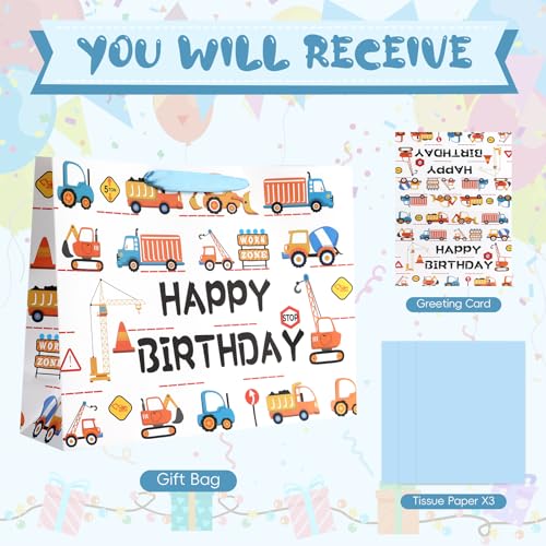 Image of JMANNI Large Happy Birthday Gift Bag with Tissue Papers and Greeting Card,Portable Paper Gift Bags with Handles,Present Bags for Boys Birthday Party Supplies 13 inch x10.2 inchx4.7 inch(Construction Vehicle)