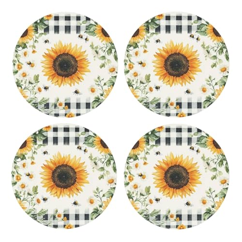 BoltPack Posavasos redondos con estampado floral de girasol con base de corcho, juego de 4 posavasos, alfombrilla de protección de mesa para tazas y tazas