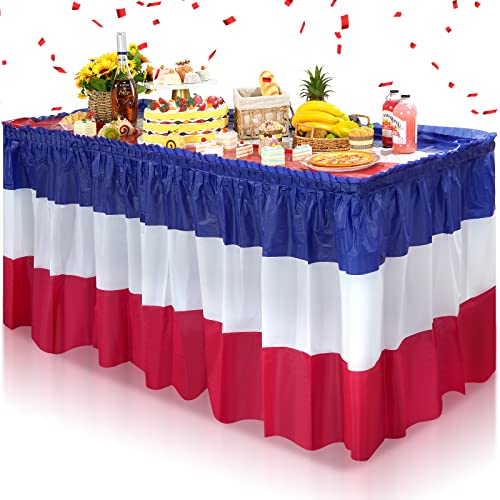 3 Pack 4th of July Plastic Table Skirts Decorations, Red White and Blue Patriotic Disposable Table Skirts, Fourth of July Table Party Decorations for Independence Memorial Veterans Day, 2.4 x 14 Ft