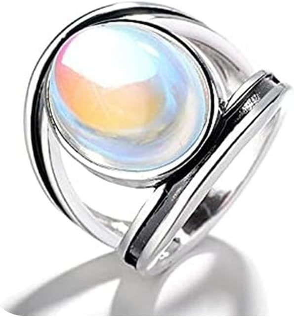 Mnyixsi 925 Sterling Silver Moonstone Ring for Women Grils | 18K White Gold Vintage Vintage Rainbow Moonstone Rings Solitaire Ring Oval Gemstone Fashion Jewelry for Gift Size 8