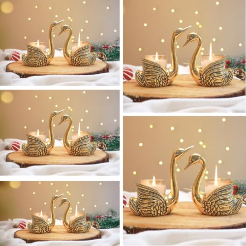 Image of BEHOMA Set of 5 Pair Aluminium Golden Swan Candle Holders with Gift Box
