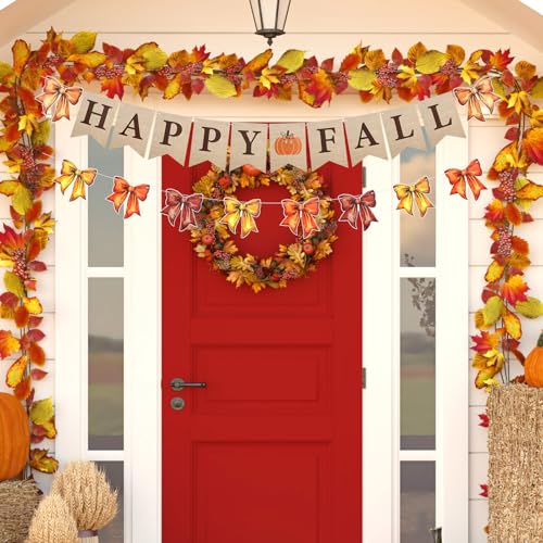 Image of Oudain 2 Pack Happy Fall Burlap Banner with Bows Garland 6.56 ft Fall Banner Decor for Fireplace Autumn Bow Garland Paper Hanging Bunting Flag Decor for Harvest Mantel Fireplace Thanksgiving Party
