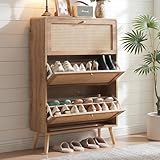 Anewome Rattan Shoe Cabinet with 3 Flip Drawers, 24 Pairs Shoe Storage Cabinet for Entryway Freestanding Hidden Shoe Rack with Drawers Slim Shoe Organizer for Hallway, Living Room, Natural