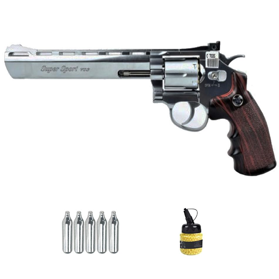 WG Win Gun 703S 8” Argento (6 mm) | Revolver Airsoft (pallini in PVC) Calibro 6 mm + bombola 1000 pallini 0,12 g + 5 Co2. (Potenza: 1 joule)