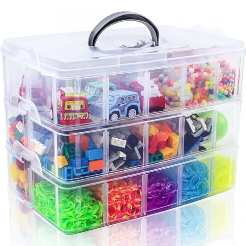 SGHUO 3-Tier Stackable Storage Container Box with Dividers-30 Compartments, Bead Organizers for Art Craft Storage, Washi Tape, Kids Toys, Jewelry, Beauty & Sewing Supplies