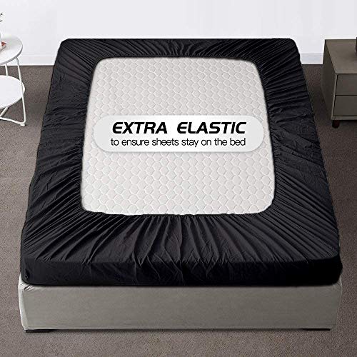 Image of All Around Brushed Microfiber Single Bed Fitted Sheet - (36 x 78) Inches - 8'' Deep Pocket Elastic Fitted Bedsheet + 1 Pillow Cover 400 Series Extra Soft & Easy Fit - Black