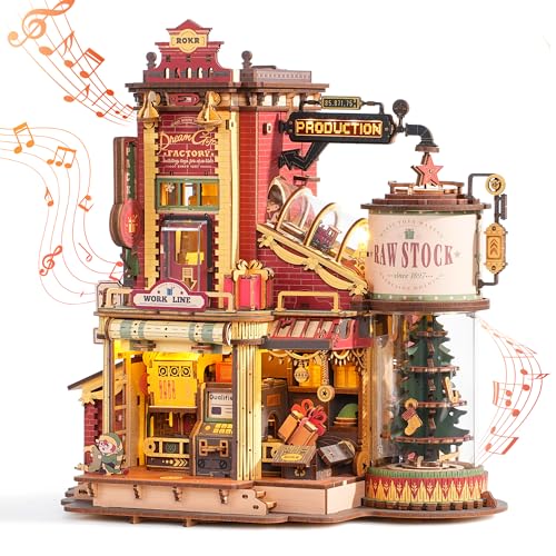 ROKR 立体パズル 3D木製パズル ギフト工場 光の効果と音楽付き クリスマスツリー インテリア装飾 雰囲気作り 玄関 工作キット DIY 組み立て オルゴール 暇つぶし 知育玩具 中学生 大人向け 初心者に最適 女の子へのギフト バレンタインデー 誕生日 公式