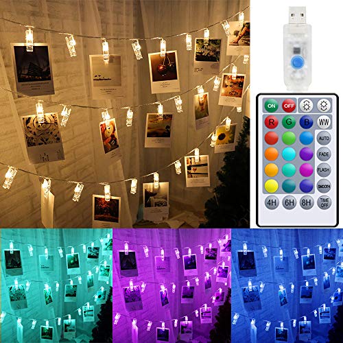 Solhice Color Changing 50 Photo Clips String Lights, 20ft RGB Pictures Display Hangers LED Fairy Lights USB Powered, Remote Control with Timer for Bedroom Wall Party Wedding Decor