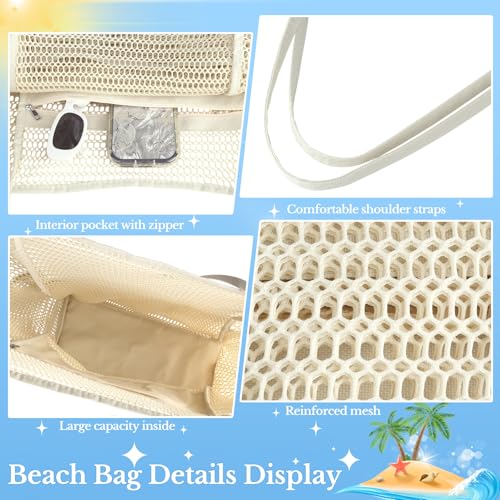 2 Pcs Mesh Beach Bags, 2 Sizes Causal Beach Bags for Women, Beach Tote Bag with Mini Pocket, Pool Bag for Travel (Khaki)4