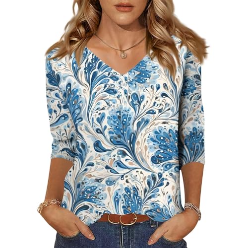 Womens Summer 3/4 Sleeve Tops 2025 Floral Print V Neck Casual Shirts Loose Fit Three Quarter Sleeve Blouses