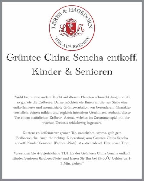 Lerbs & Hagedorn, Grüntee China Sencha entkoff. Kinder+Senioren (Erdbeer-Note) | 1kg (ca. 81 Liter) Entkoffeinierter Grüner Tee